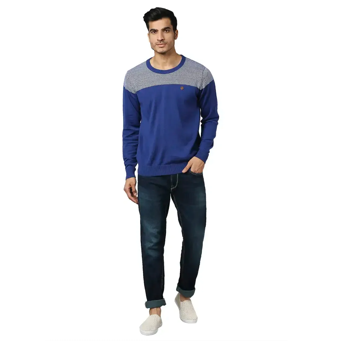 Men Blue Jacquard Acrylic Wool Blend Round Collar Sweaters