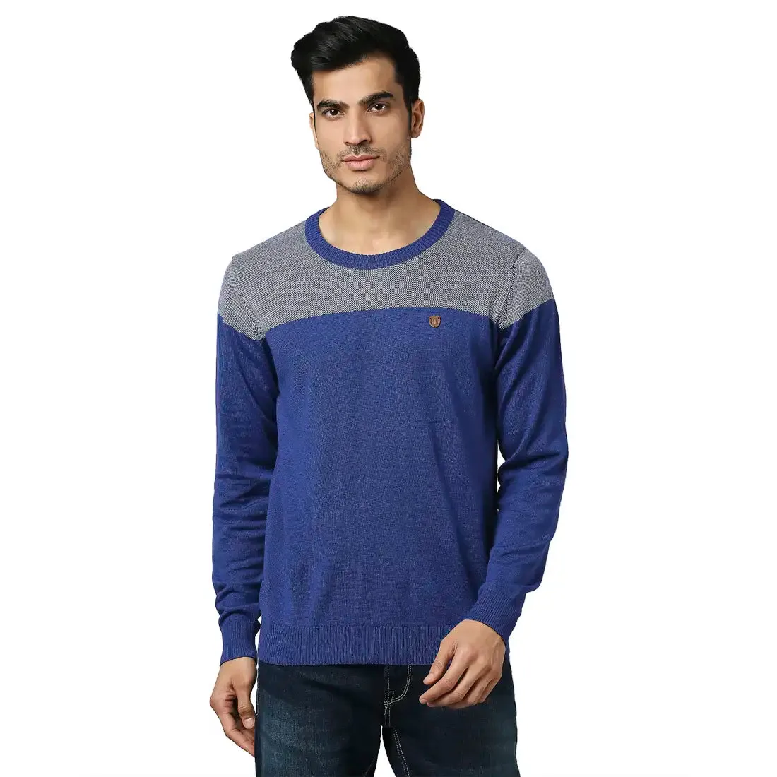 Men Blue Jacquard Acrylic Wool Blend Round Collar Sweaters