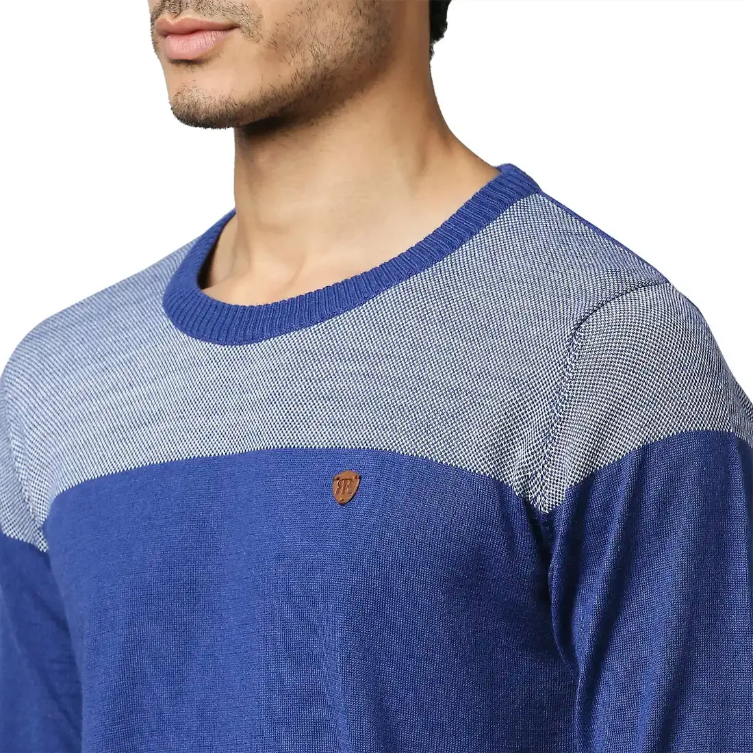 Men Blue Jacquard Acrylic Wool Blend Round Collar Sweaters