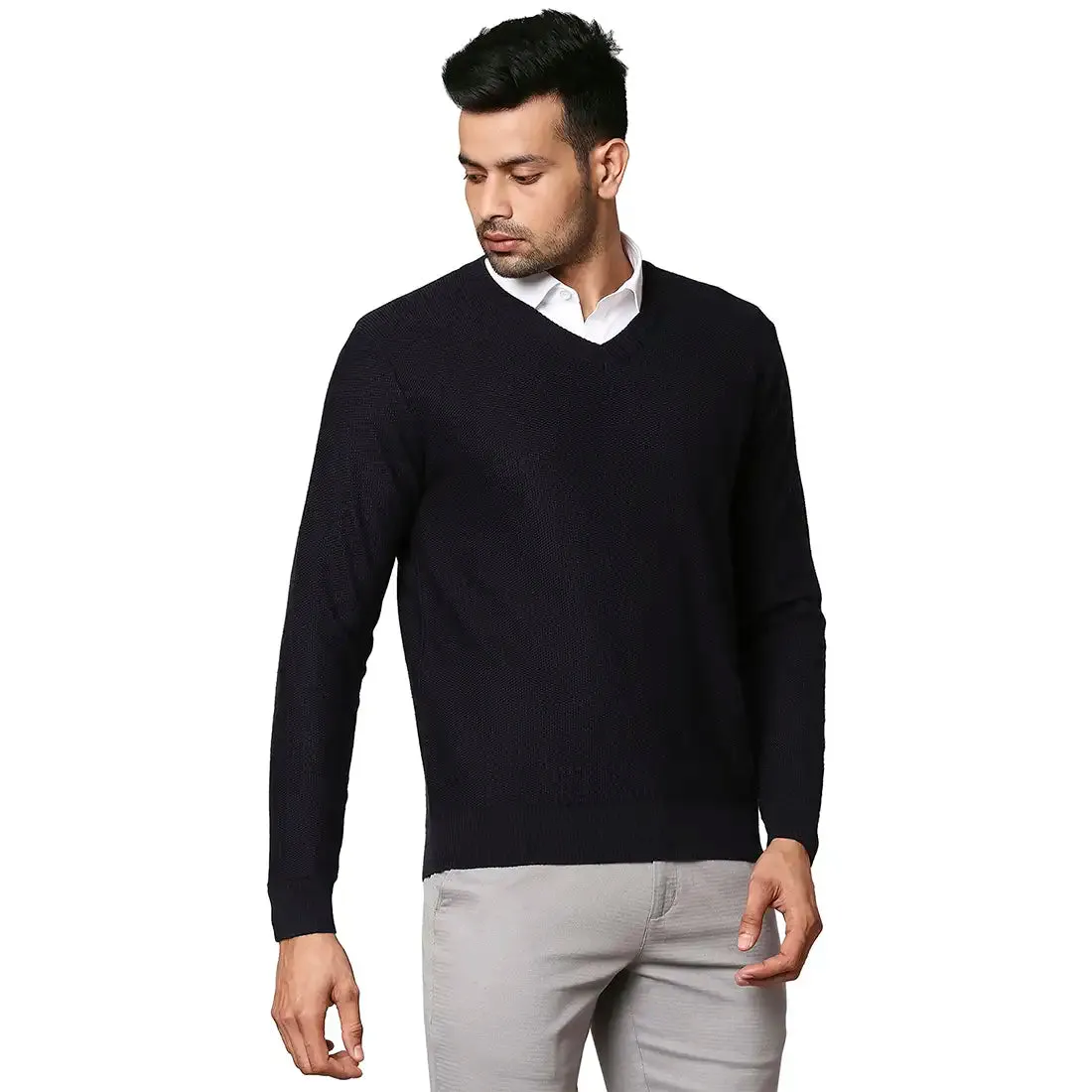 Men Blue Jacquard Wool Blend Full Sleeve V Neck Collar Sweaters