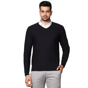Men Blue Jacquard Wool Blend Full Sleeve V Neck Collar Sweaters