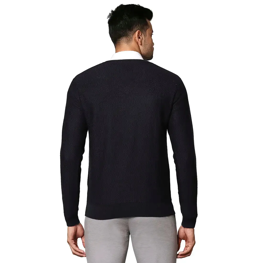 Men Blue Jacquard Wool Blend Full Sleeve V Neck Collar Sweaters