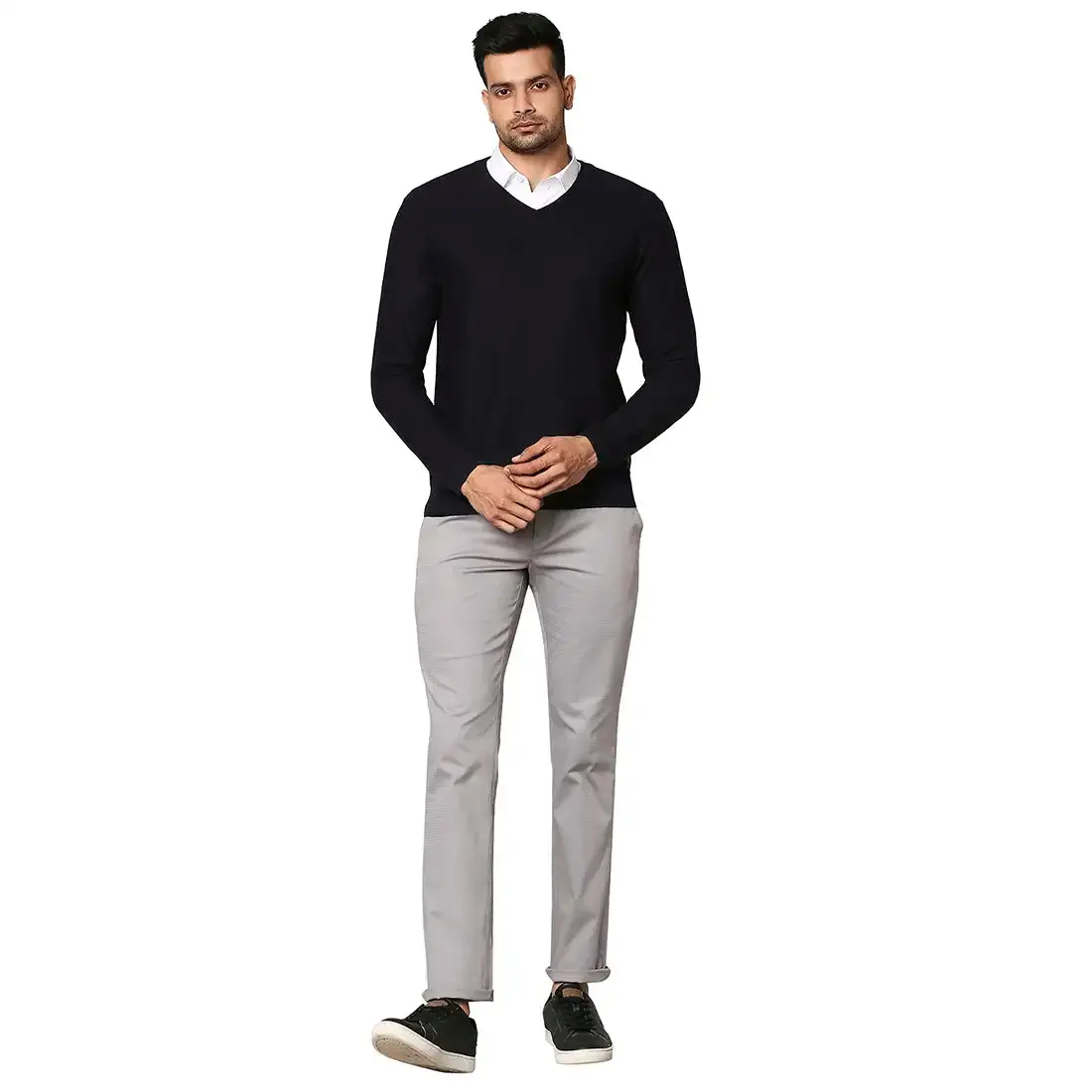Men Blue Jacquard Wool Blend Full Sleeve V Neck Collar Sweaters