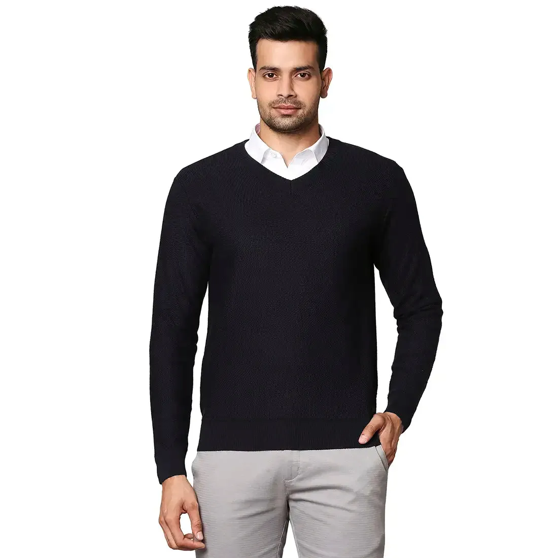 Men Blue Jacquard Wool Blend Full Sleeve V Neck Collar Sweaters
