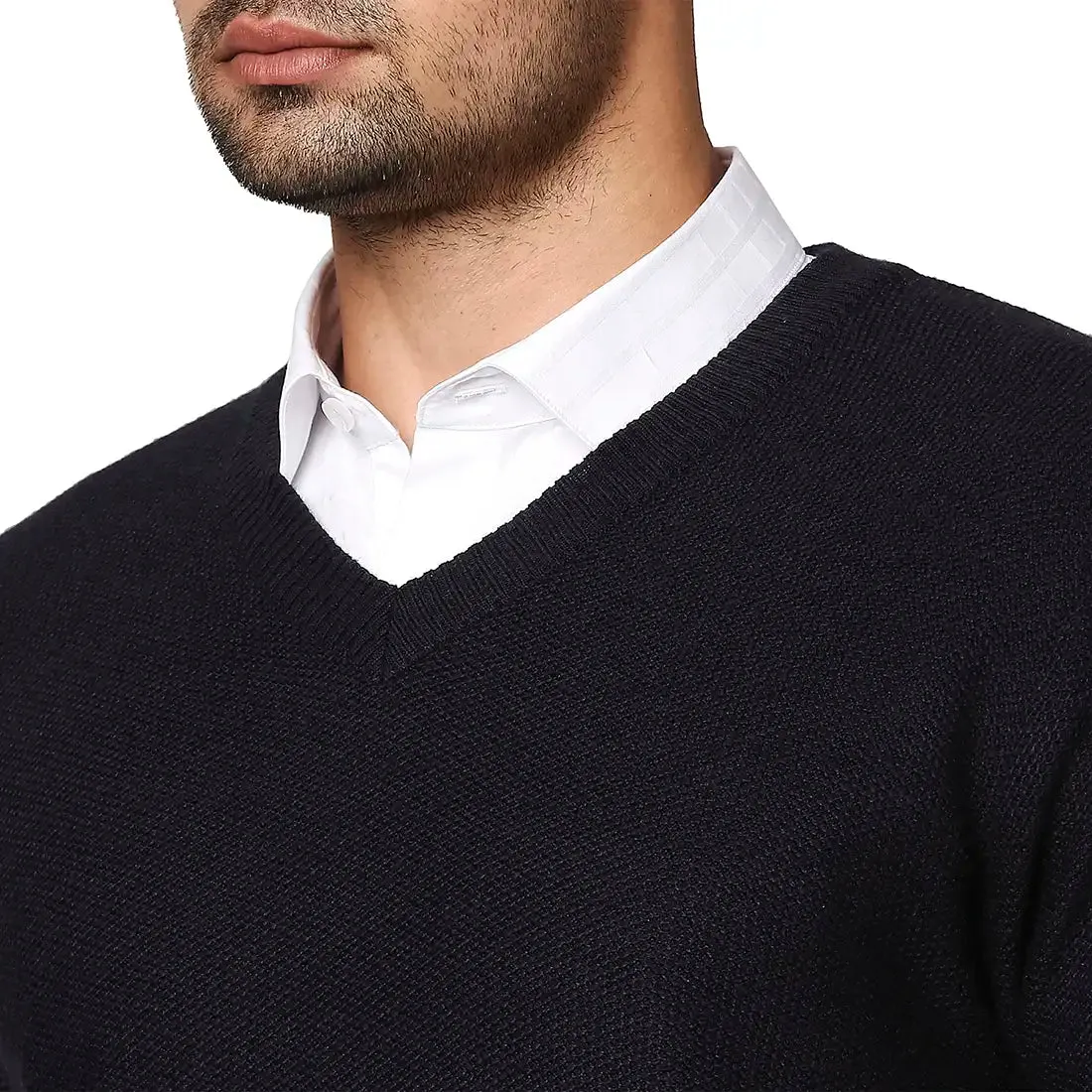 Men Blue Jacquard Wool Blend Full Sleeve V Neck Collar Sweaters