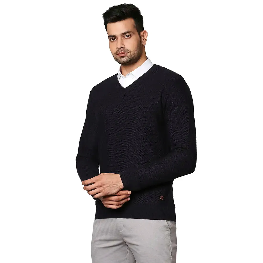 Men Blue Jacquard Wool Blend Full Sleeve V Neck Collar Sweaters