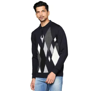 Men Grey Contemporary Fit Argyle Wool Blend Round Neck Collar Sweaters
