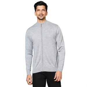 Men Grey Contemporary Fit Solid Wool Blend Band Collar Sweaters