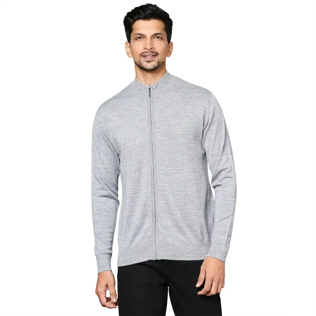 Men Grey Contemporary Fit Solid Wool Blend Band Collar Sweaters
