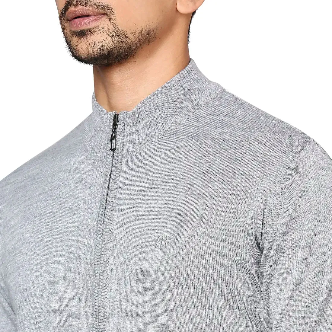 Men Grey Contemporary Fit Solid Wool Blend Band Collar Sweaters
