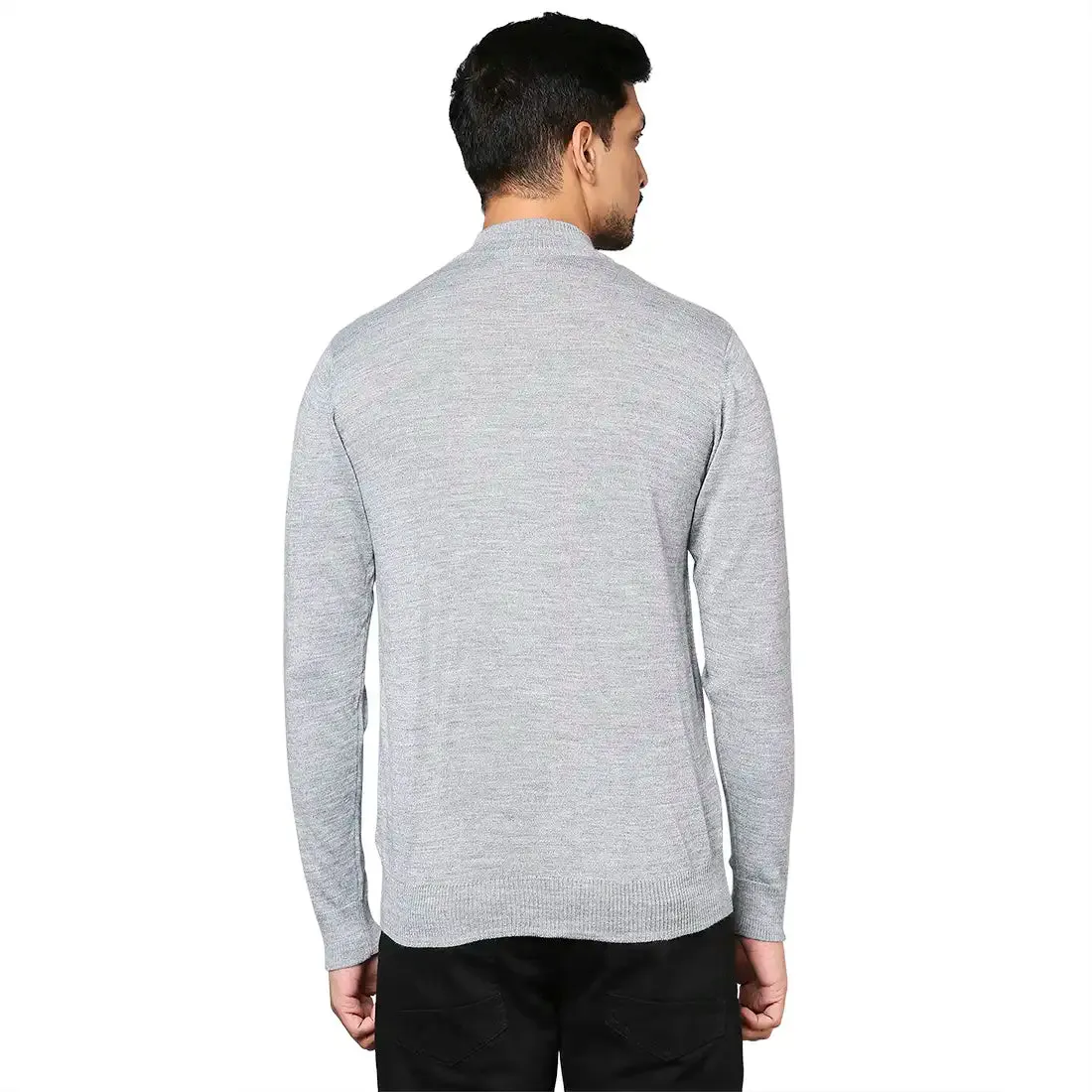 Men Grey Contemporary Fit Solid Wool Blend Band Collar Sweaters