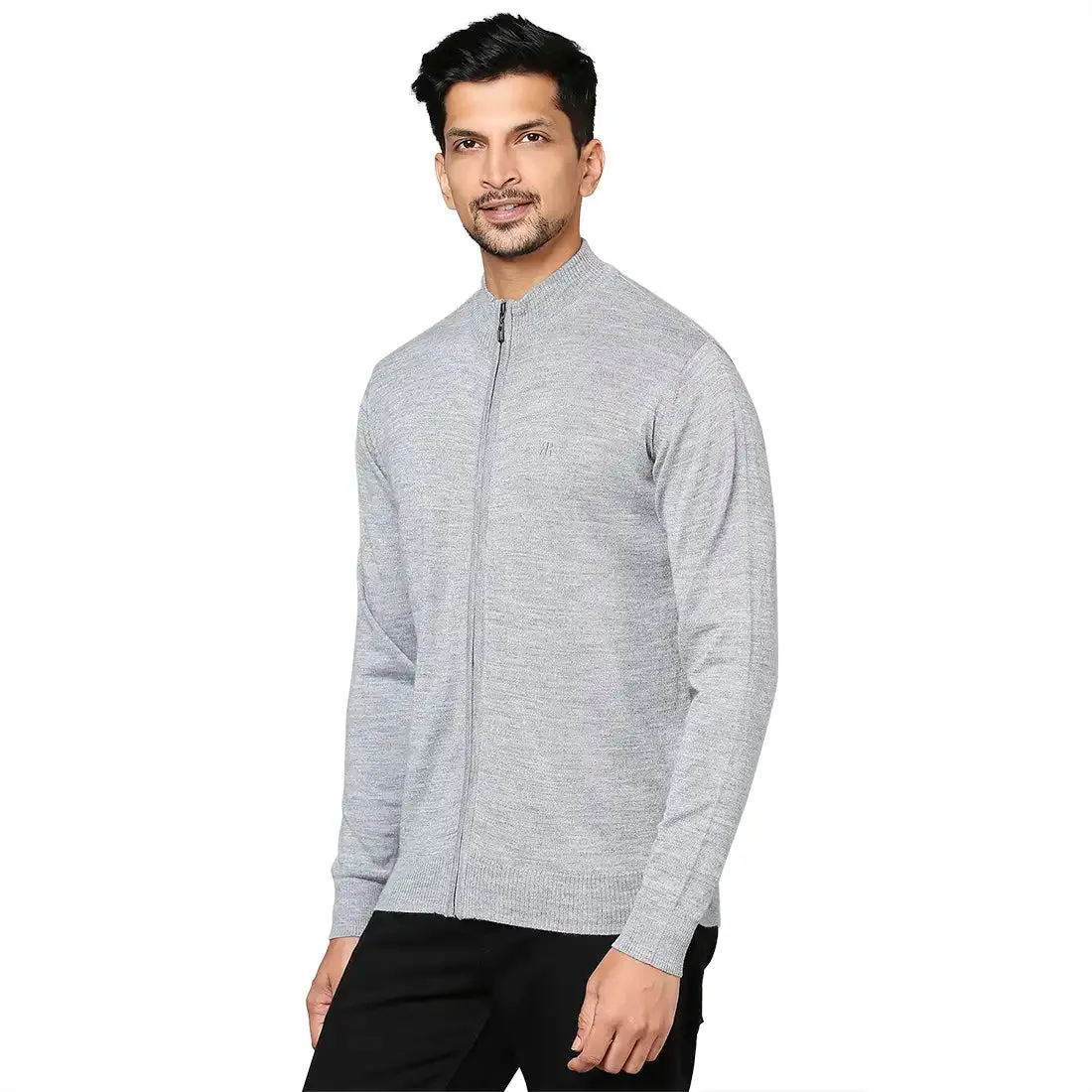 Men Grey Contemporary Fit Solid Wool Blend Band Collar Sweaters
