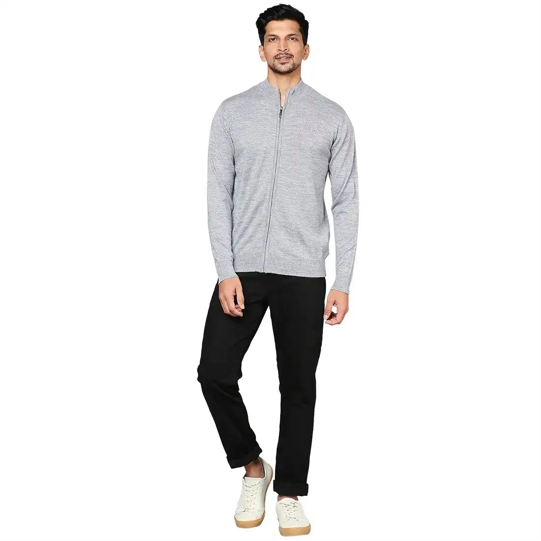 Men Grey Contemporary Fit Solid Wool Blend Band Collar Sweaters