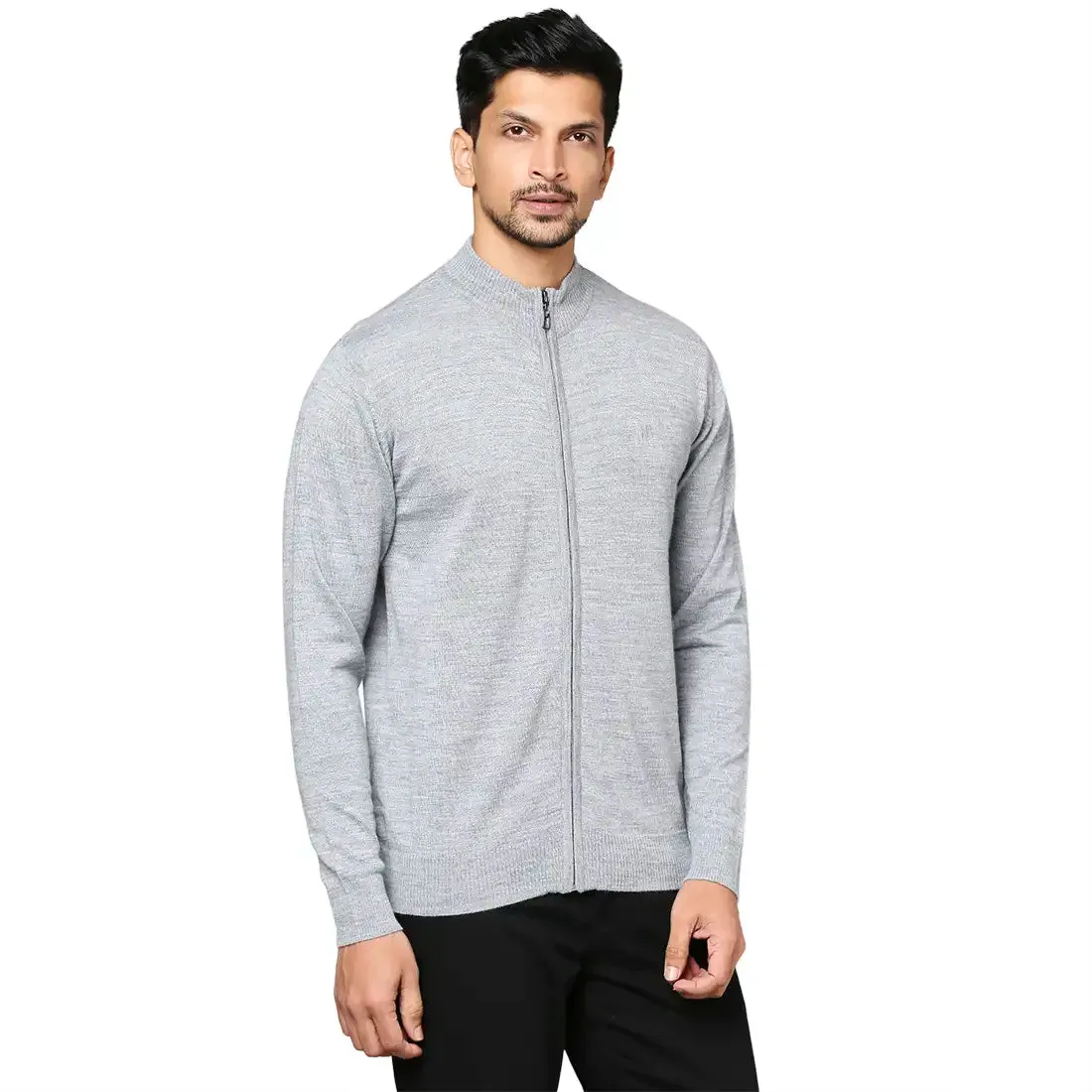 Men Grey Contemporary Fit Solid Wool Blend Band Collar Sweaters
