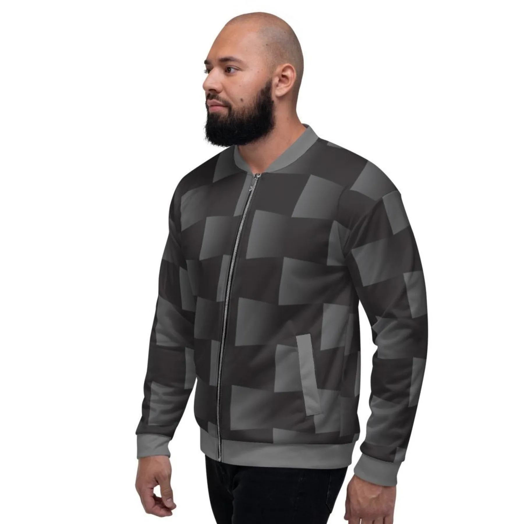 Mens Jackets, Black And Gray 3D Square Style Bomber Jacket