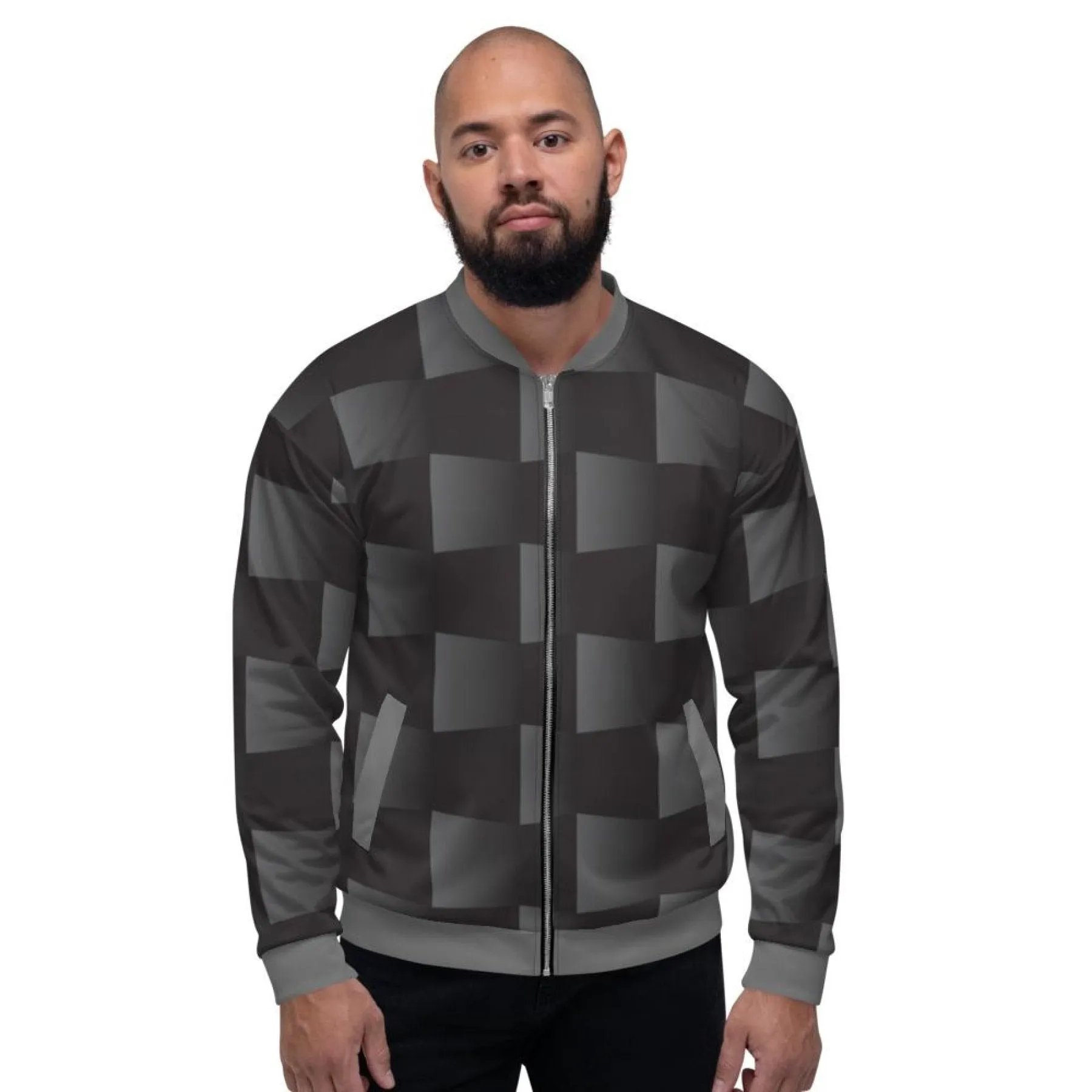 Mens Jackets, Black And Gray 3D Square Style Bomber Jacket