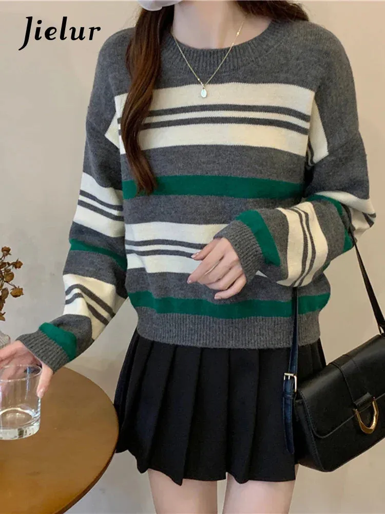 Metaversmall Spell Color Stripe Knitted Sweater Women Korean New Autumn Winter Wool Soft O-Neck Gray Apricot Pullover Women's Sweaters