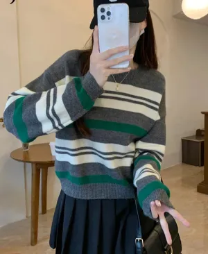 Metaversmall Spell Color Stripe Knitted Sweater Women Korean New Autumn Winter Wool Soft O-Neck Gray Apricot Pullover Women's Sweaters