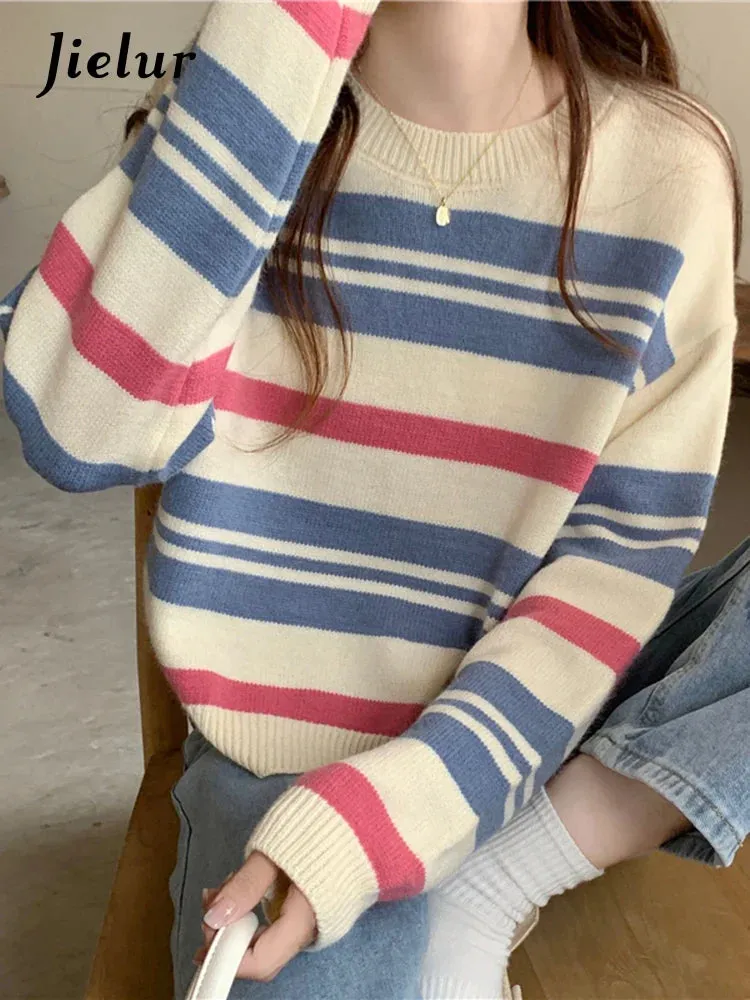Metaversmall Spell Color Stripe Knitted Sweater Women Korean New Autumn Winter Wool Soft O-Neck Gray Apricot Pullover Women's Sweaters