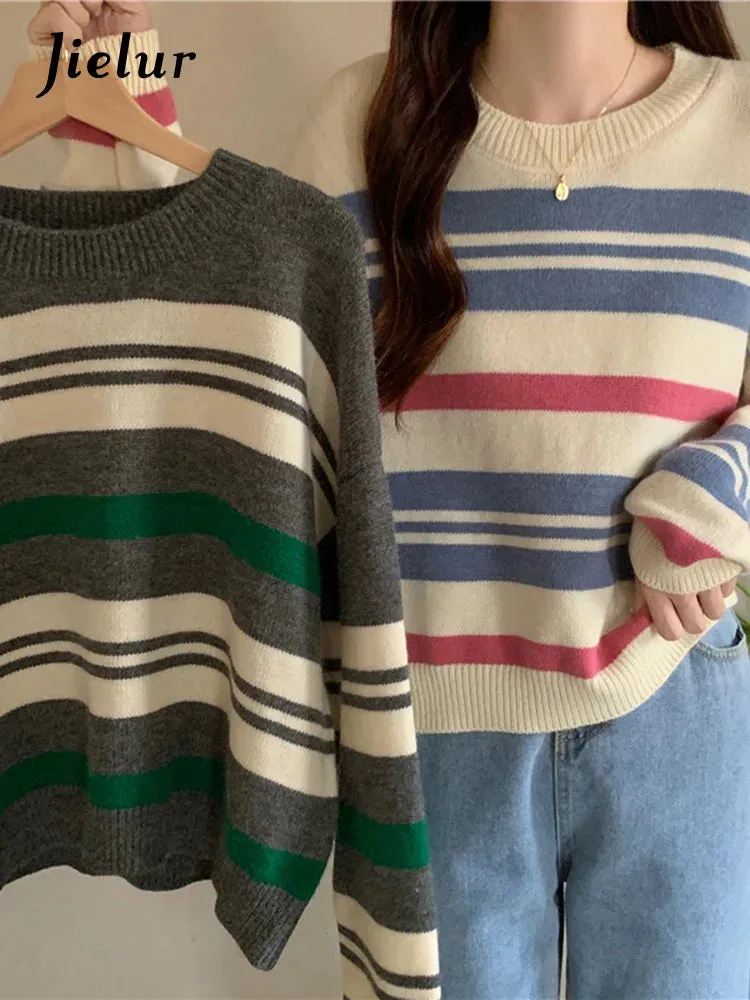 Metaversmall Spell Color Stripe Knitted Sweater Women Korean New Autumn Winter Wool Soft O-Neck Gray Apricot Pullover Women's Sweaters