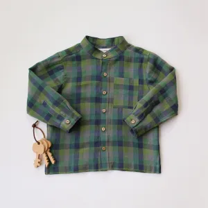 Moss Green Check Linen Long Sleeve Shirt with Band Collar