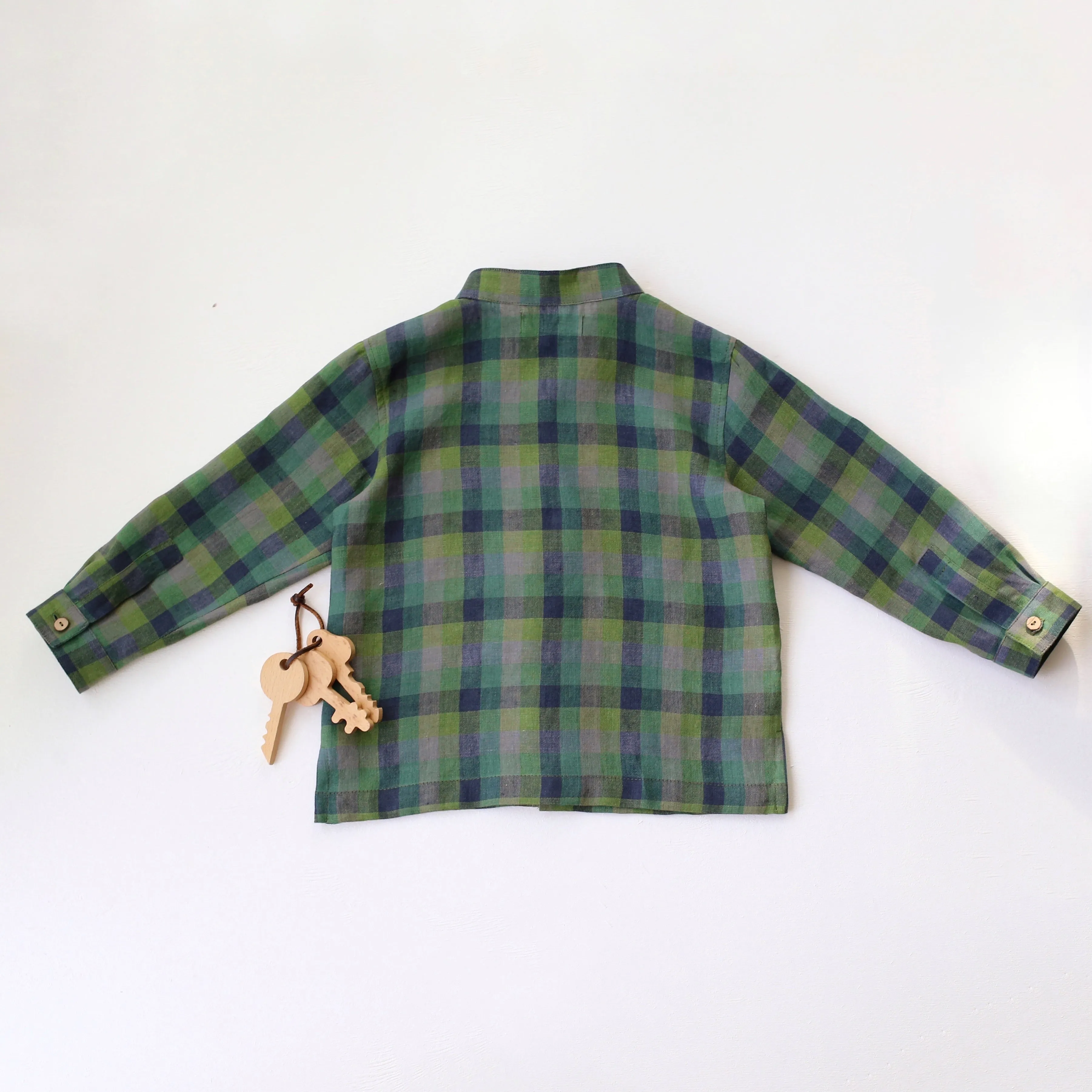 Moss Green Check Linen Long Sleeve Shirt with Band Collar