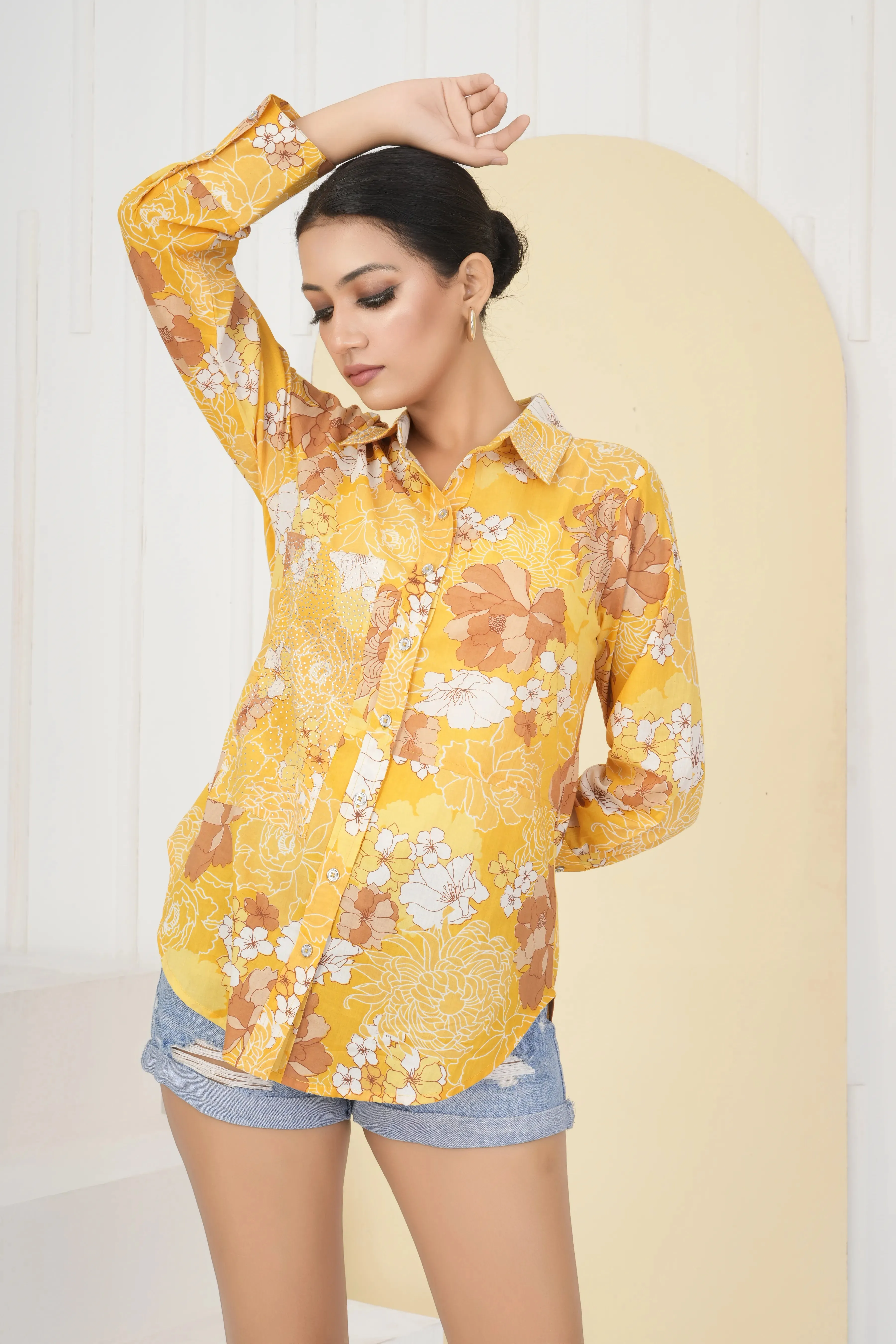 Mustard Color Floral Printed Rhinestone Cotton Cambric Shirt