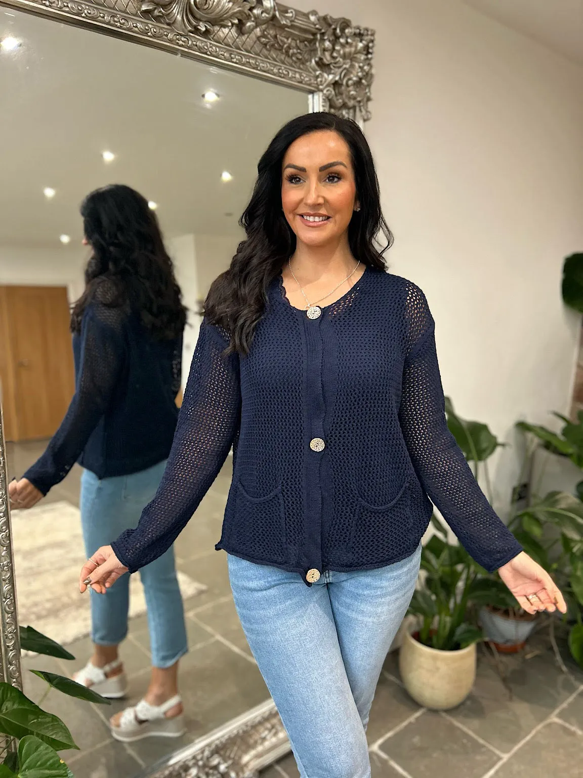 Navy Pocket Loose Knit Cardi Janet