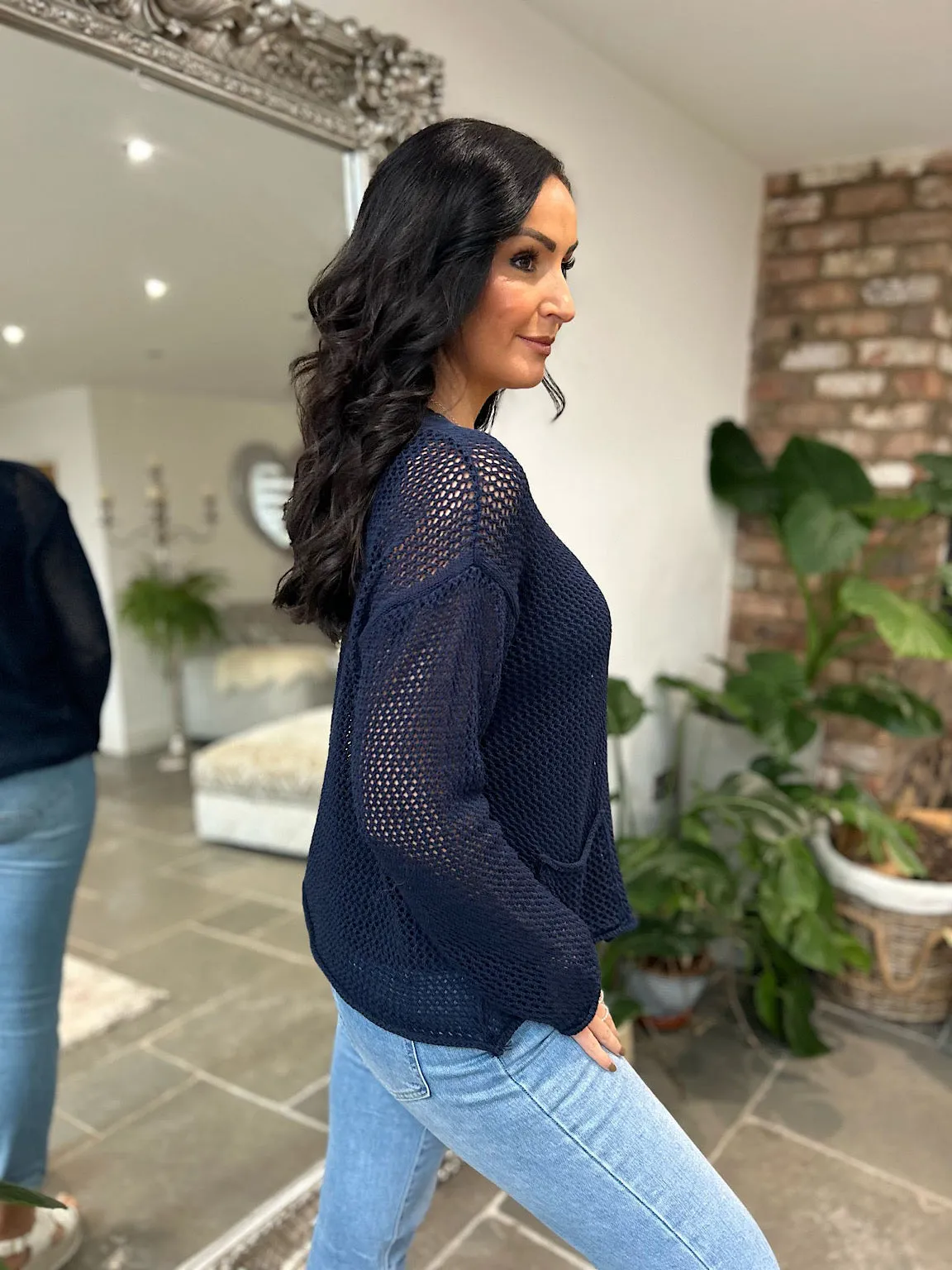 Navy Pocket Loose Knit Cardi Janet