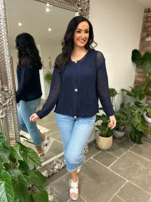 Navy Pocket Loose Knit Cardi Janet