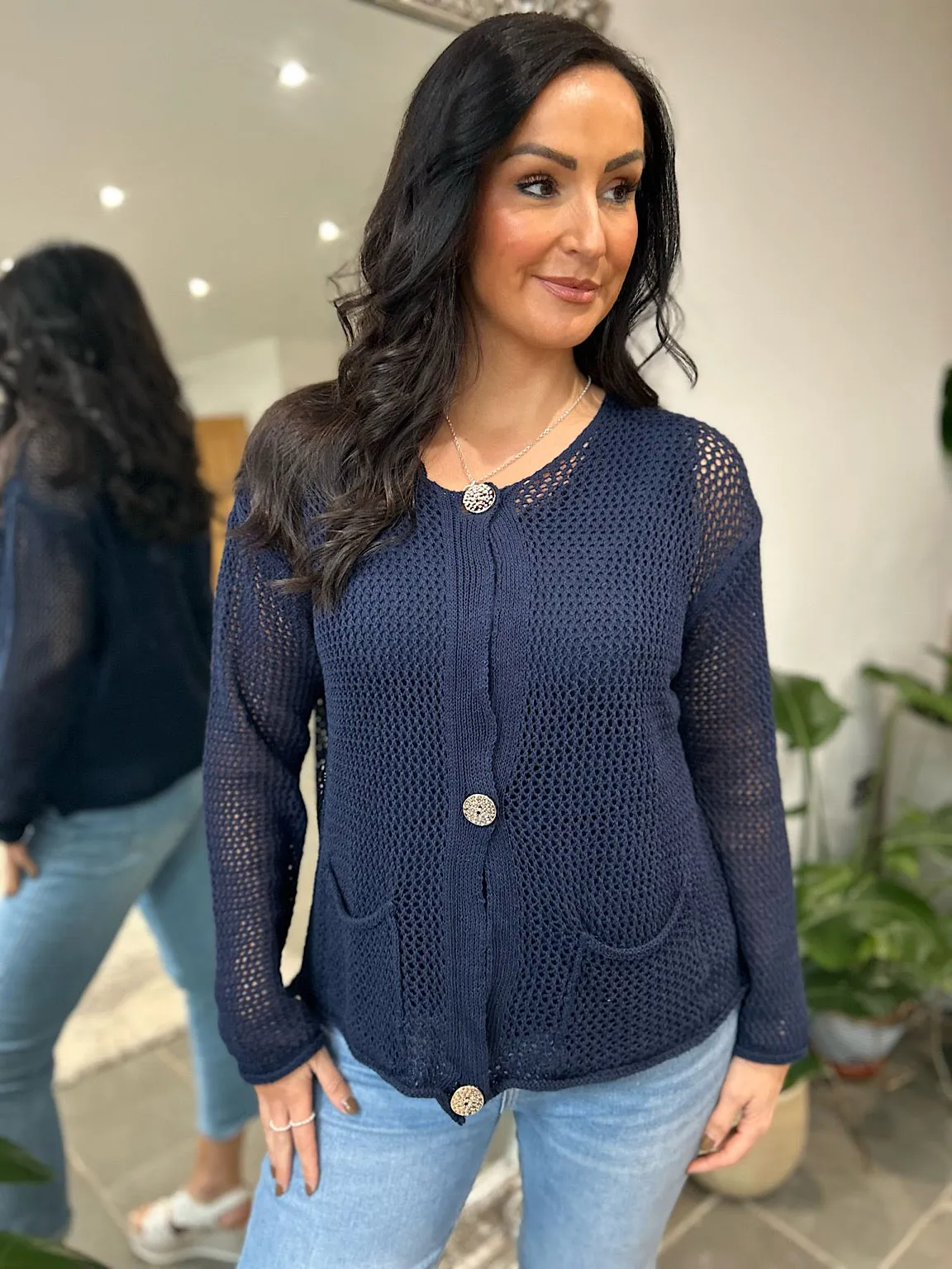 Navy Pocket Loose Knit Cardi Janet