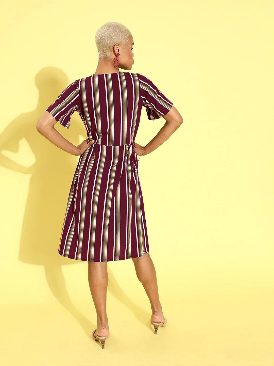 plusS Women Charming Maroon Striped Sweetheart Neck Dress