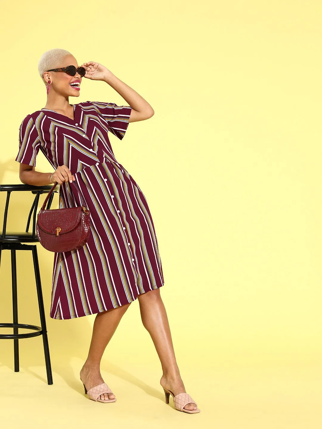 plusS Women Charming Maroon Striped Sweetheart Neck Dress