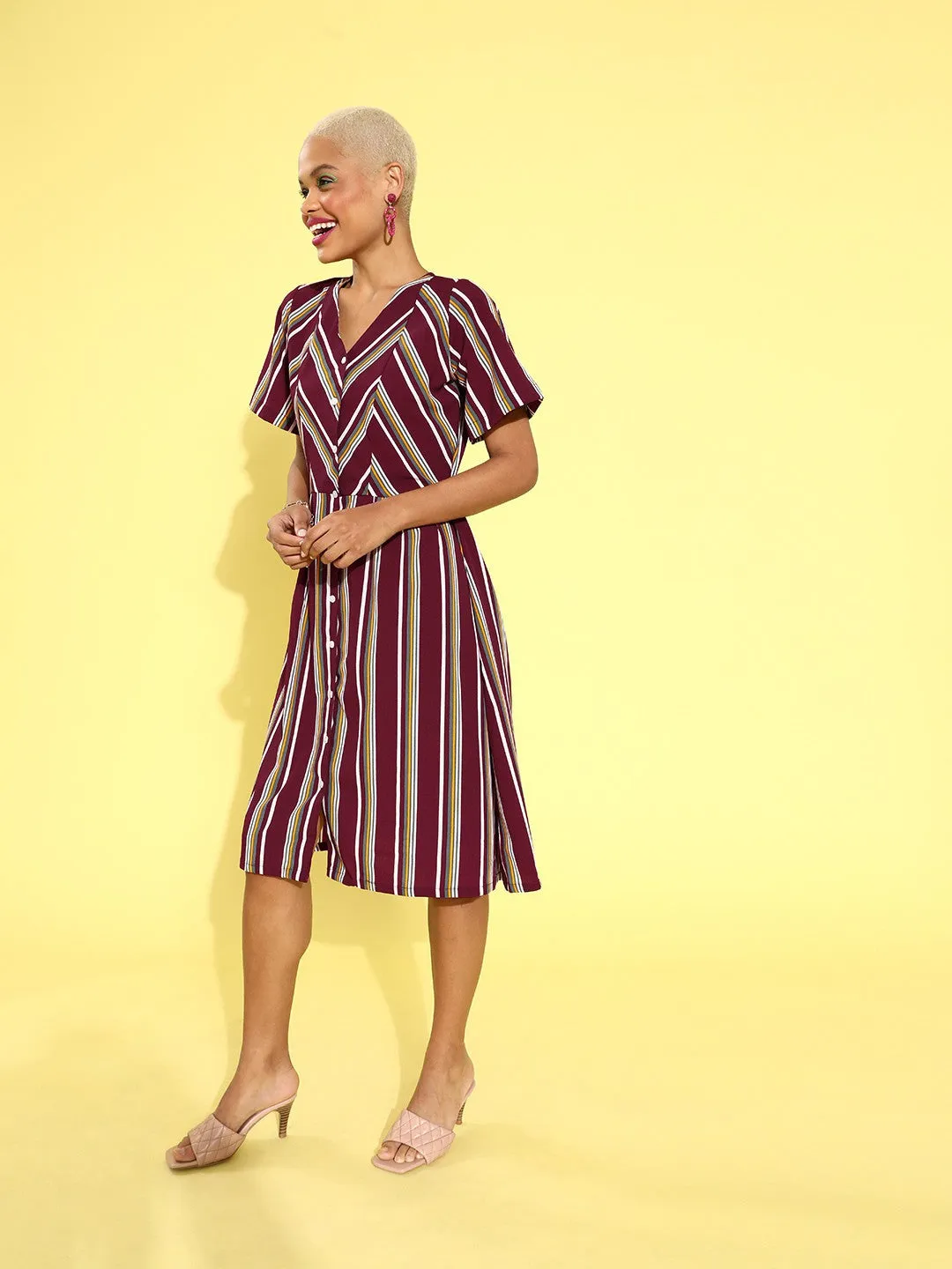 plusS Women Charming Maroon Striped Sweetheart Neck Dress
