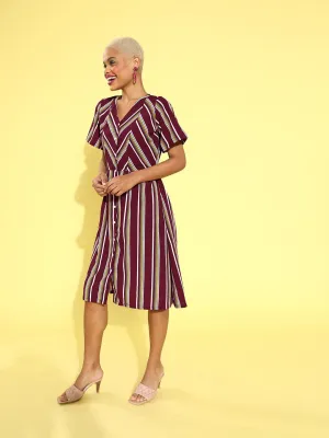 plusS Women Charming Maroon Striped Sweetheart Neck Dress