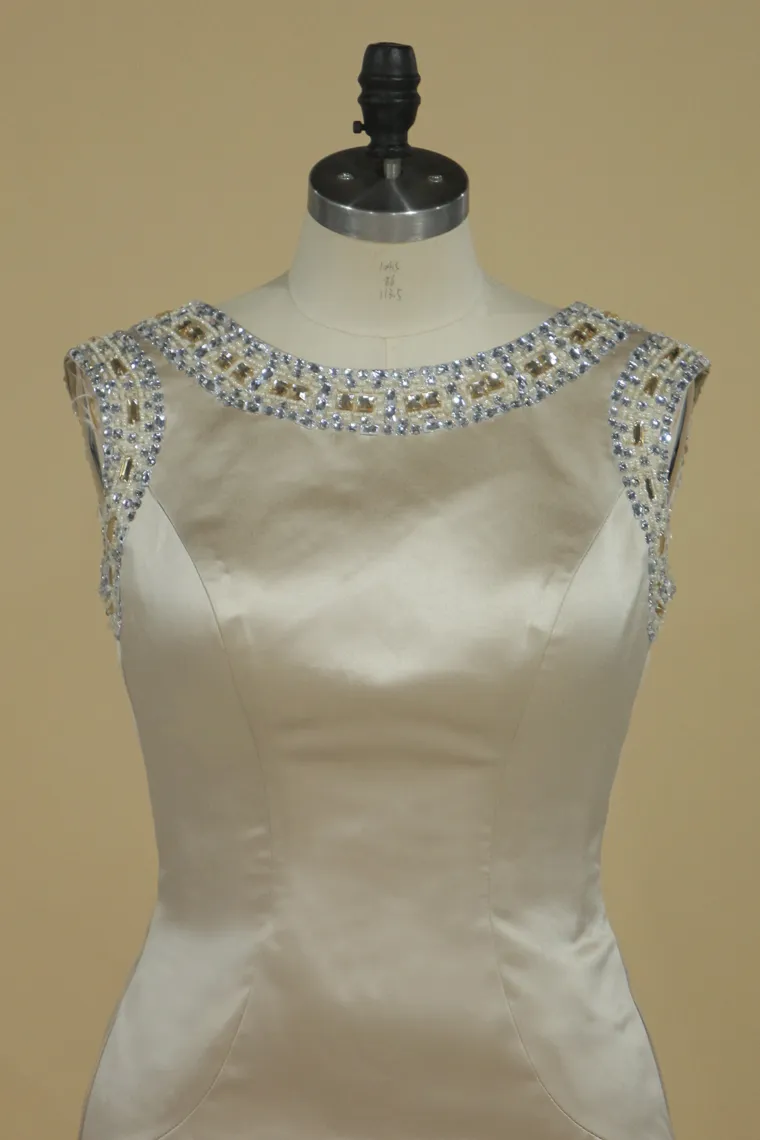 Prom Dresses Sheath Bateau Satin With Beading