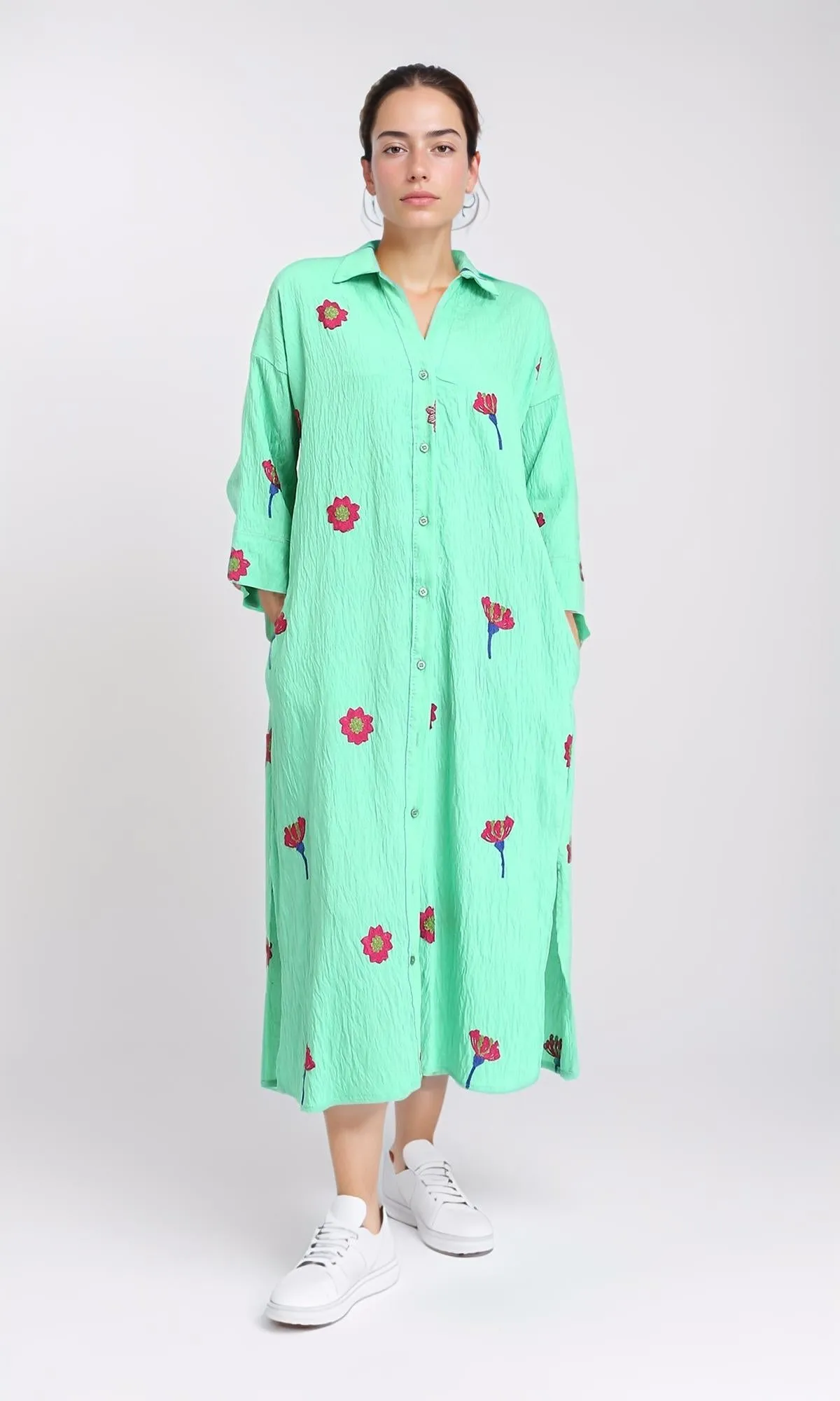 R206093 - Floral Shirt Dress with Side Pockets - Light Green