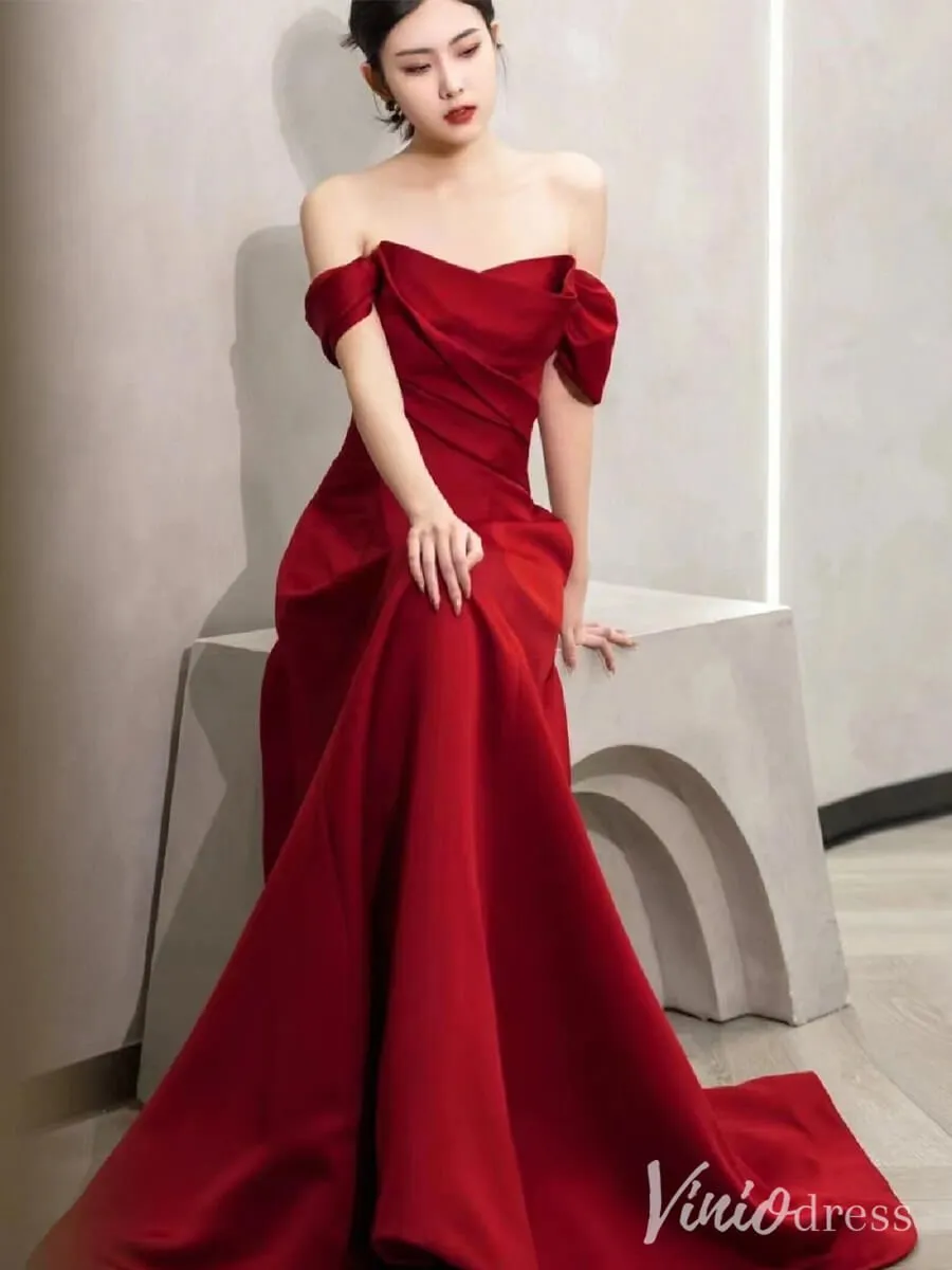 Red Satin Prom Dresses Off the Shoulder Formal Dresses AD1330