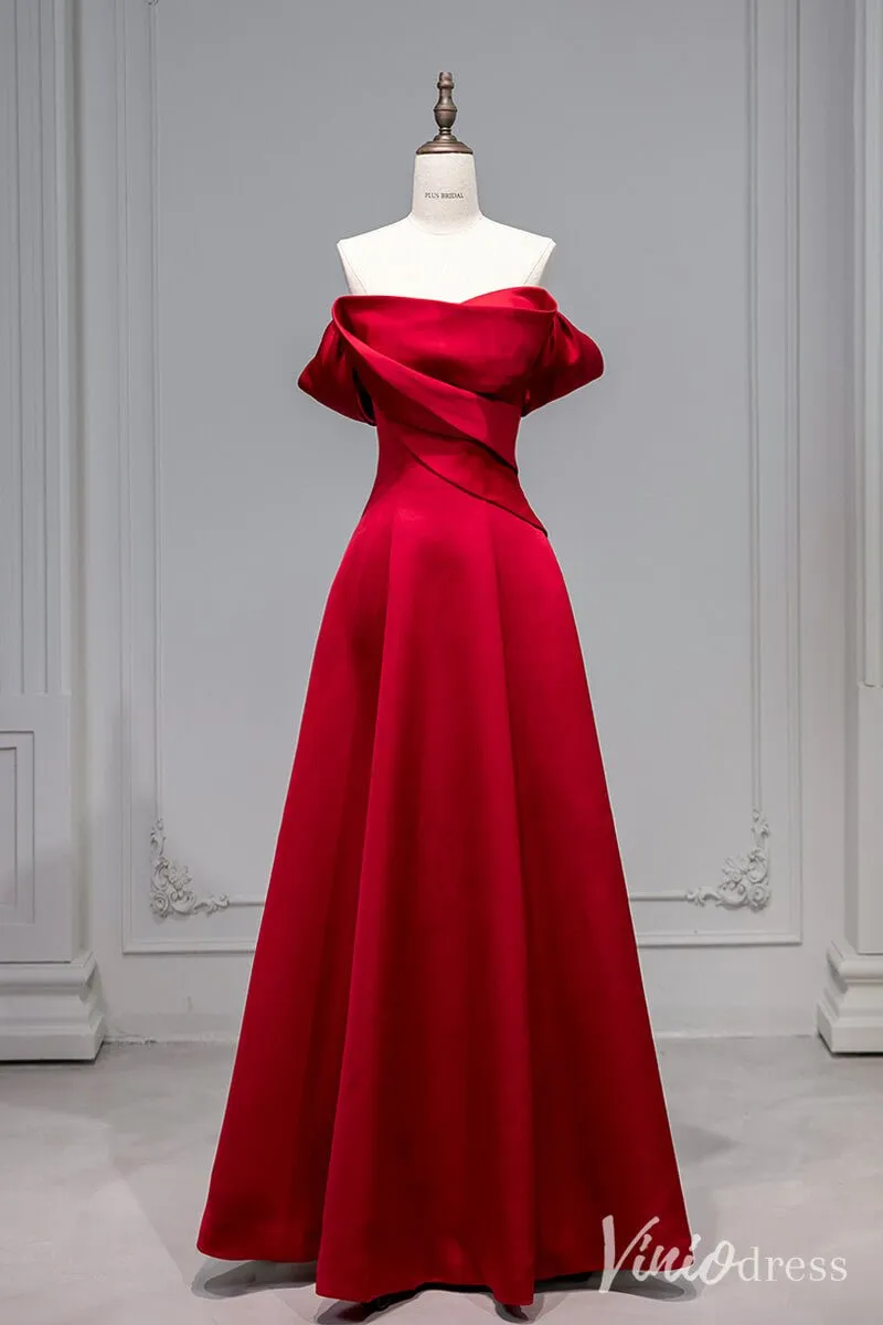 Red Satin Prom Dresses Off the Shoulder Formal Dresses AD1330