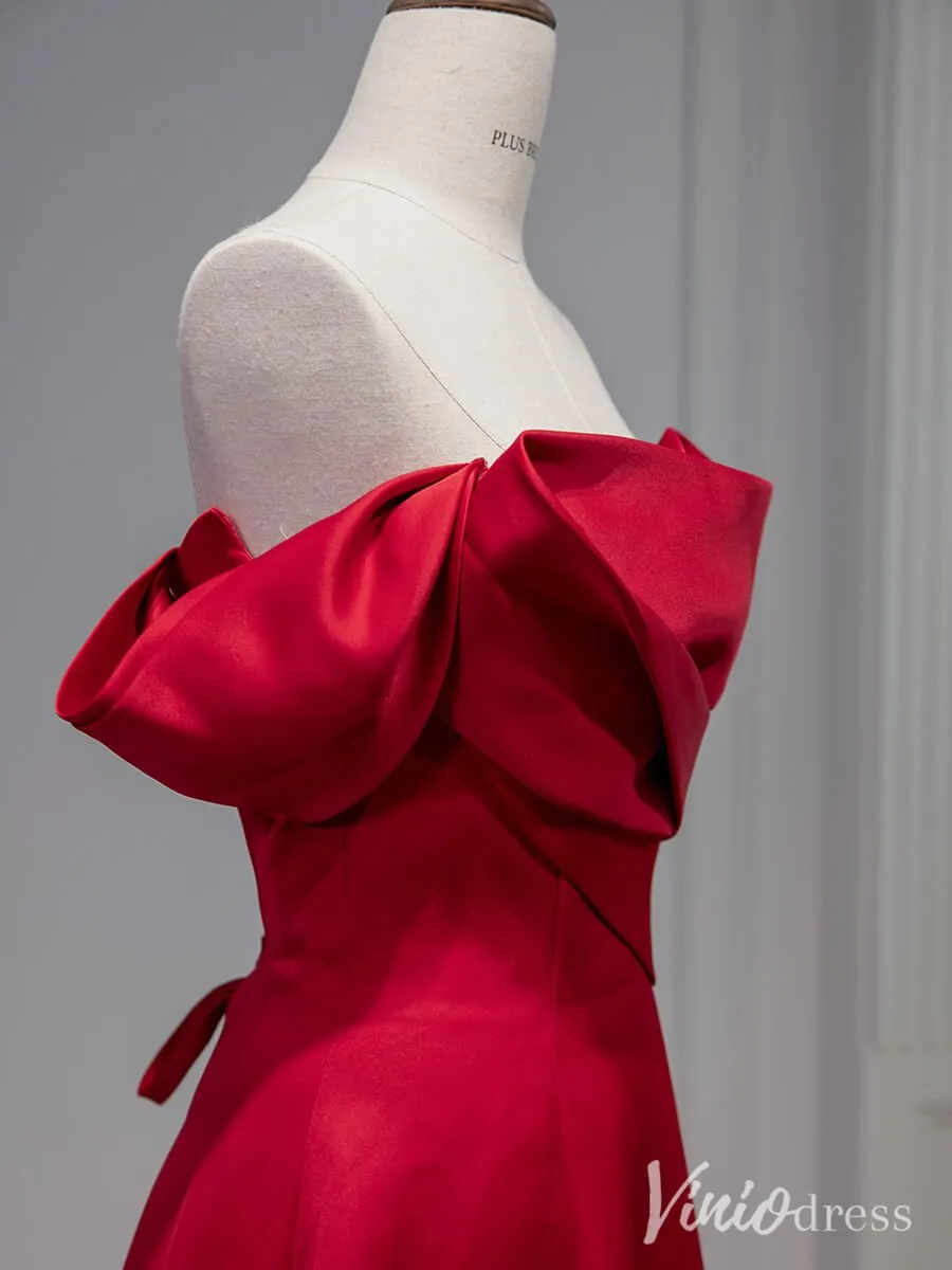 Red Satin Prom Dresses Off the Shoulder Formal Dresses AD1330