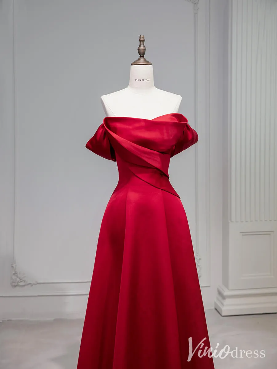Red Satin Prom Dresses Off the Shoulder Formal Dresses AD1330