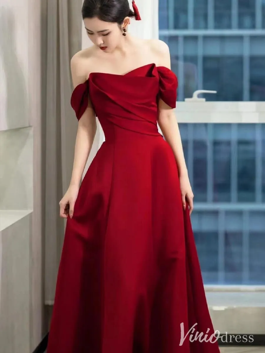 Red Satin Prom Dresses Off the Shoulder Formal Dresses AD1330