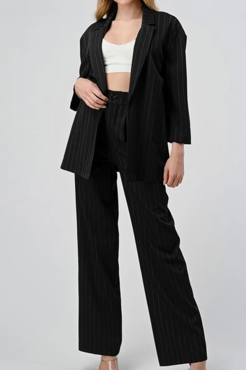 RELAXED FIT PINSTRIPED BLAZER