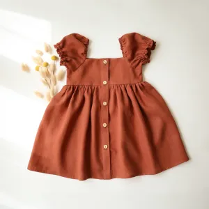 Rust Linen Button-Front Dress with Puff Sleeve
