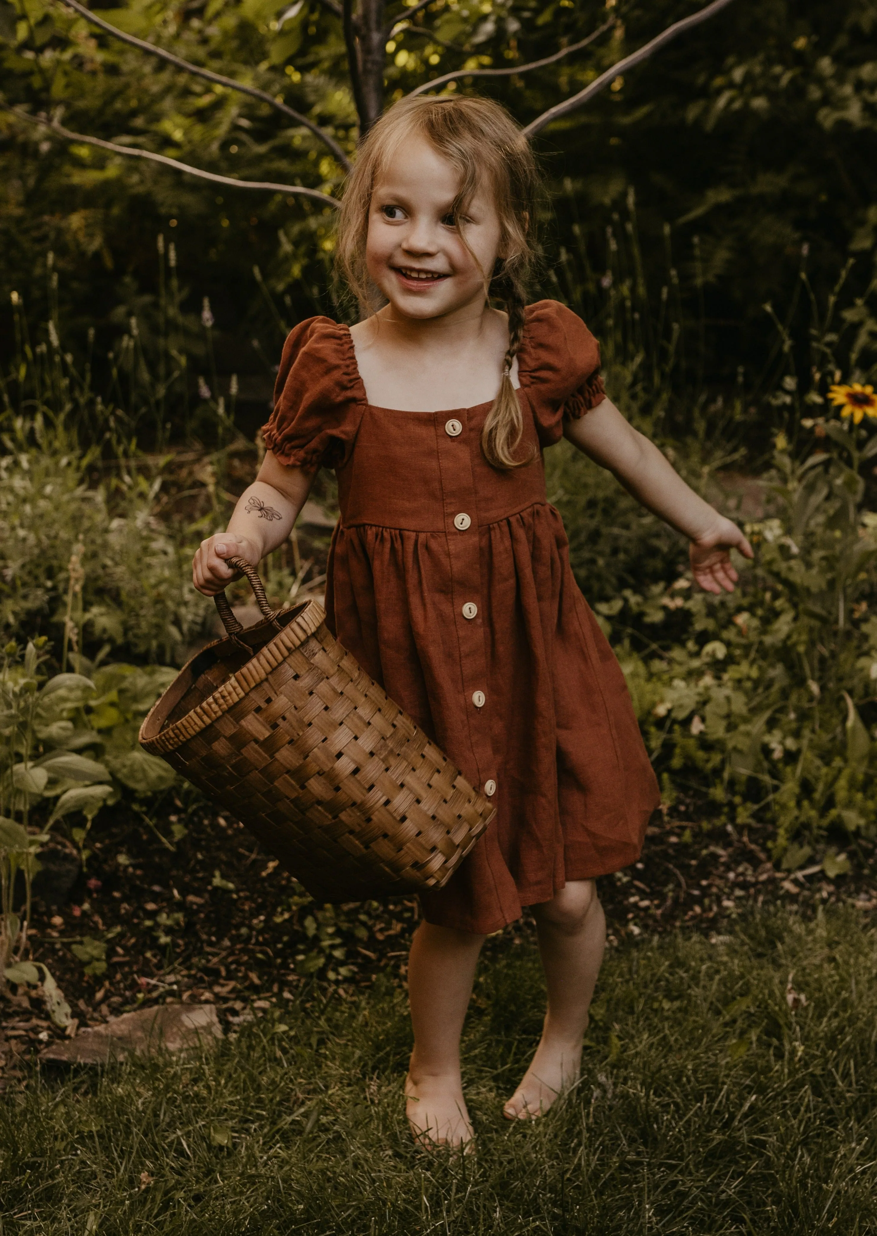 Rust Linen Button-Front Dress with Puff Sleeve