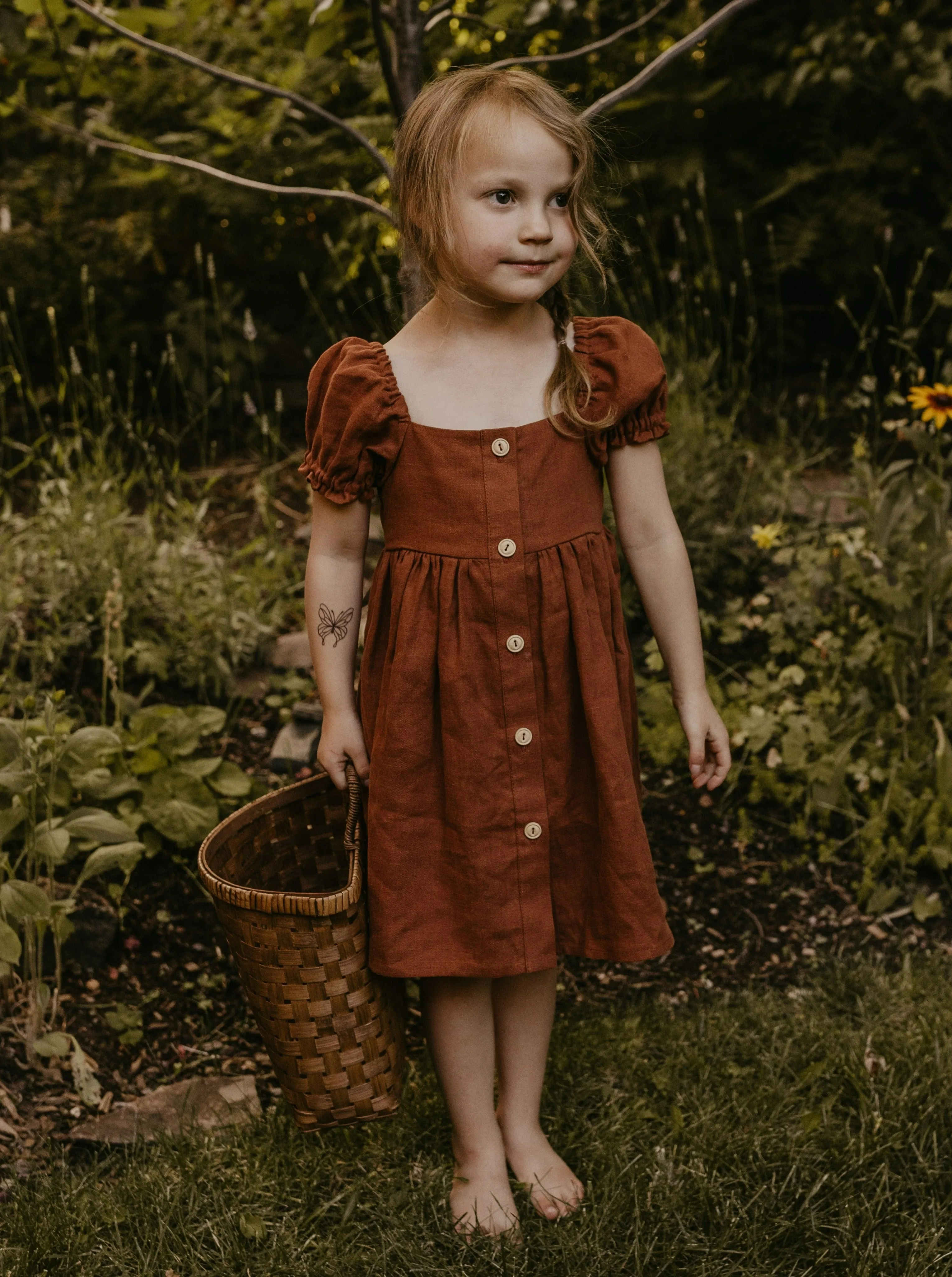 Rust Linen Button-Front Dress with Puff Sleeve