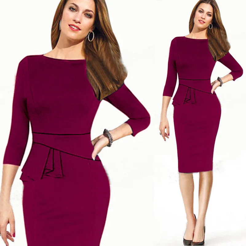 Scoop 7/10 Sleeve Bodycon Solid Mid-Calf Dress