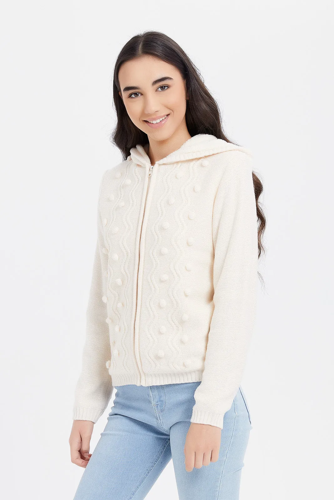 Senior Girls Cream Zip Through Hooded With Sherpa Linning