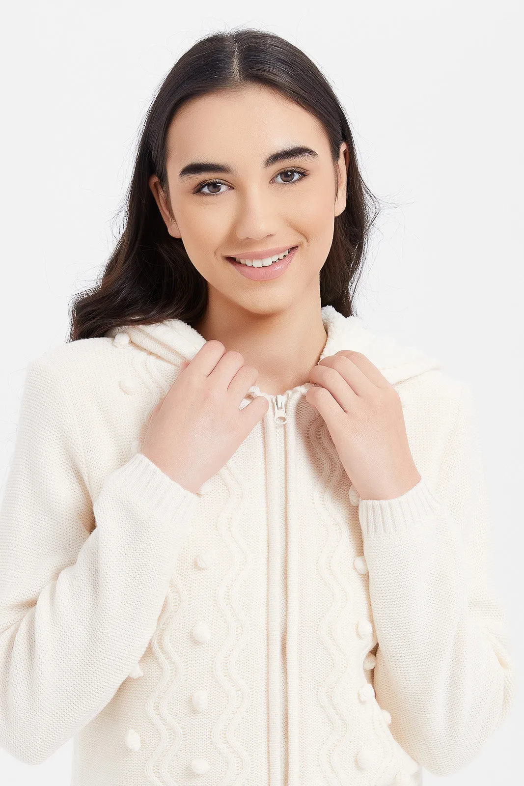 Senior Girls Cream Zip Through Hooded With Sherpa Linning