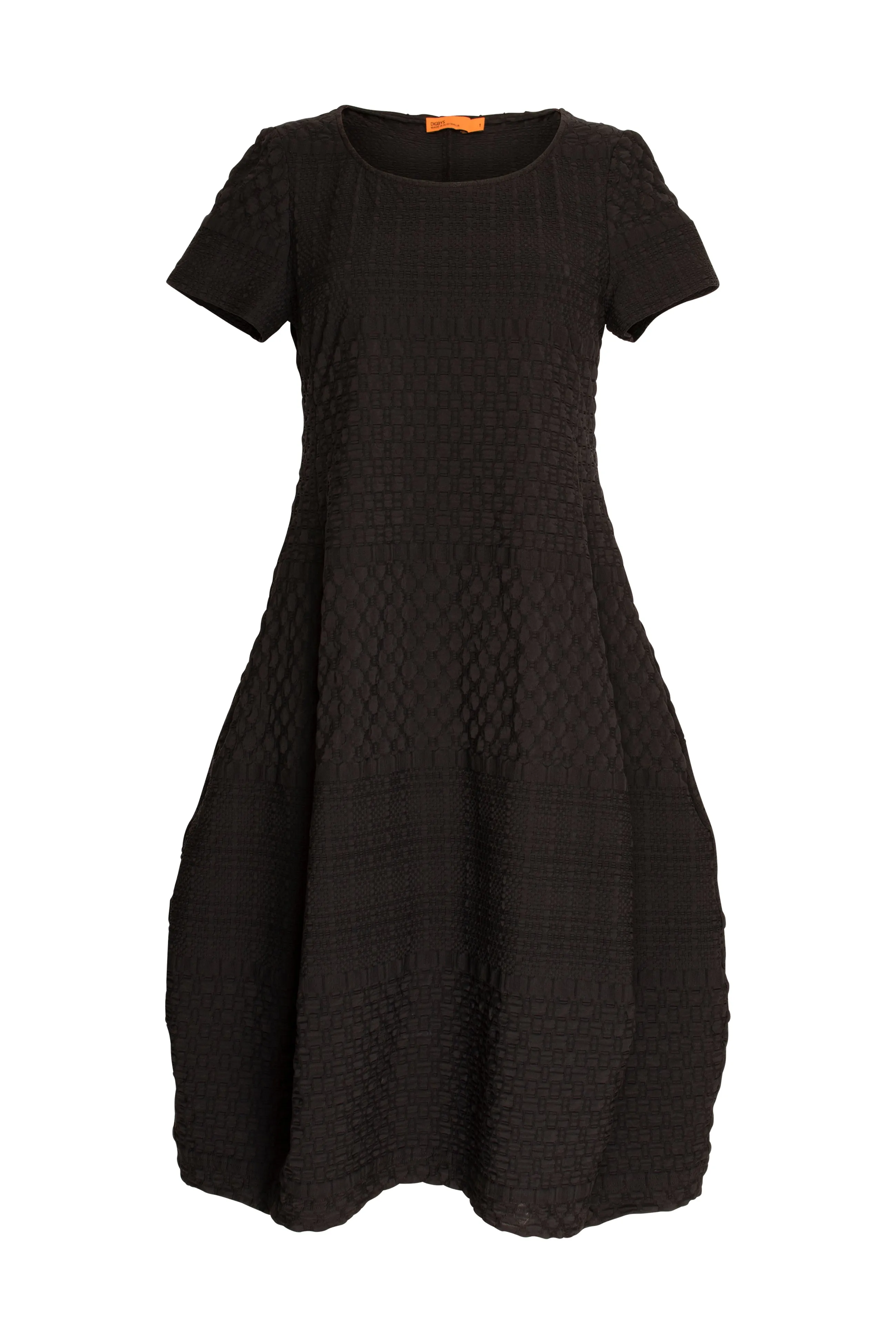 Short Sleeve Bell Panel Dress - Black Jacquard 9756